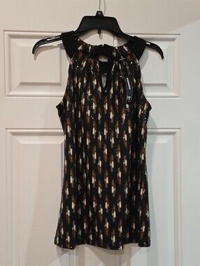 3/15$ New Directions Sleeveless Black and Brown Parrerned Sequined Halter Top